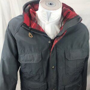 Woolrich Coat Large Blue Flannel  Wool half Lined Hooded USA VTG